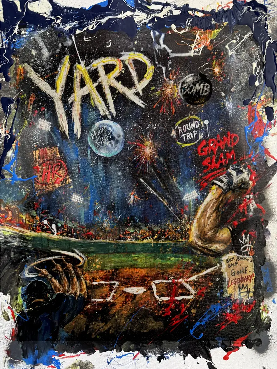 Murray Henderson's original Yard painting: a night ballpark in thick, splattered paint, with fireworks, a full moon, a muscled arm, and the word YARD scrawled across the top.