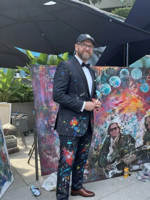 Murray Henderson standing beside one of his paintings.