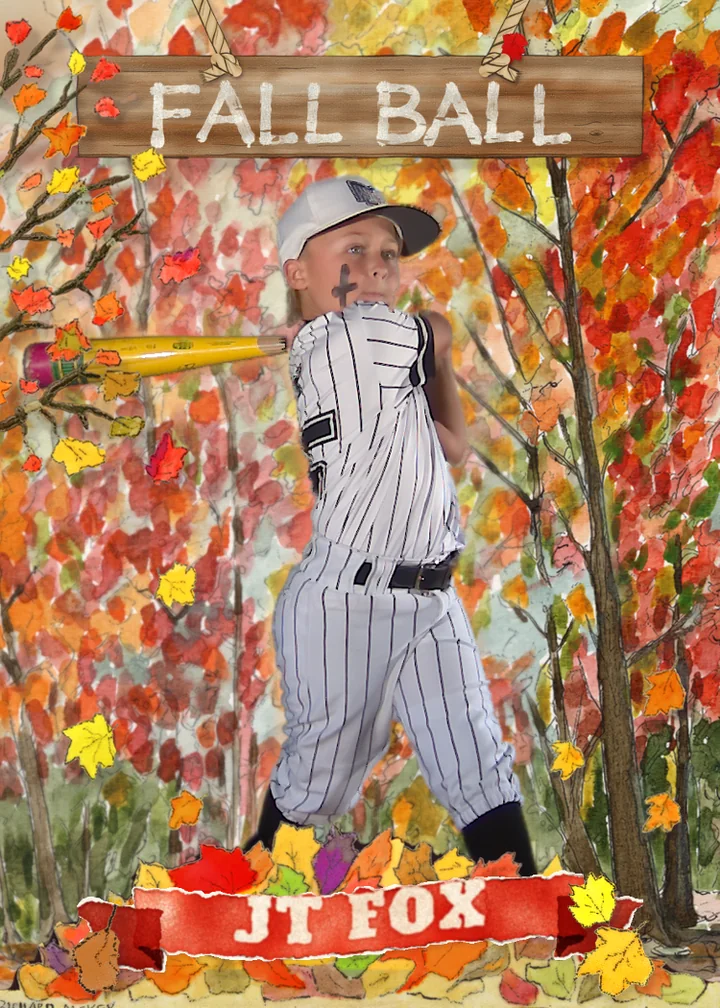 A finished Fall Ball card: a young hitter in pinstripes inside Richard McKey's autumn painting, with the name JT Fox on a ribbon.